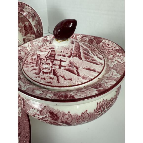 Wood & Sons English Scenery Pink Platter Sugar Bowl Tea Cups Lot Of 13 - Picture 9 of 12